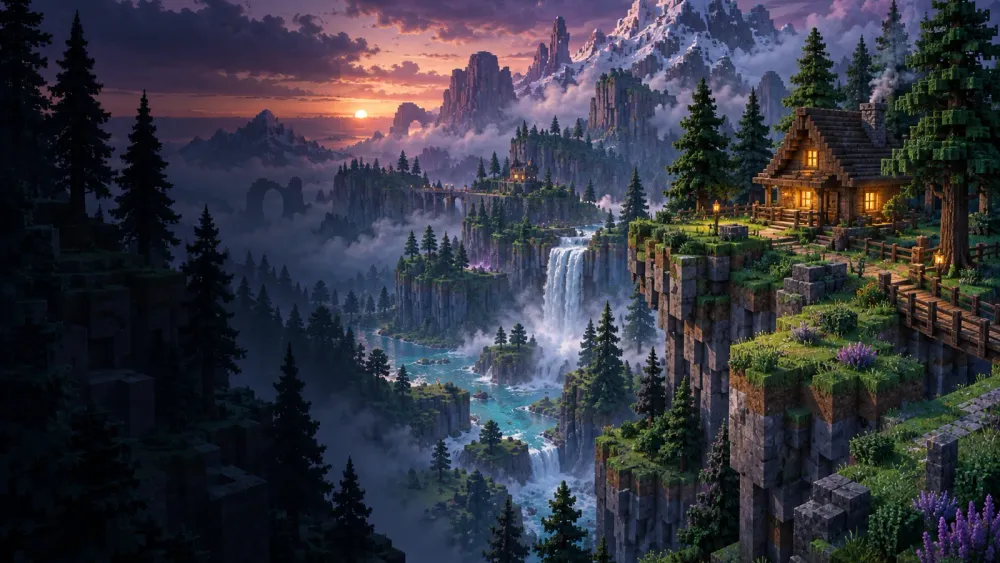 Original voxel landscape with a cabin, forest and mountain waterfall