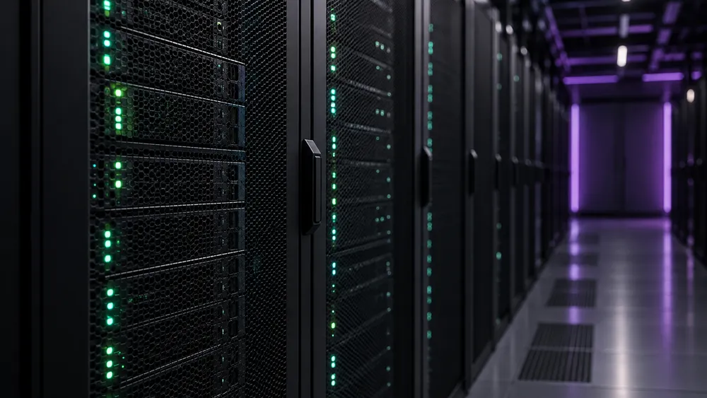 Illustration of server racks with green status lights and a purple-lit aisle